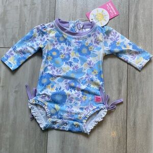 NWT RuffleButts Pristine Blooms Long Sleeve Rash Guard One Piece Swimsuit, 0-3M
